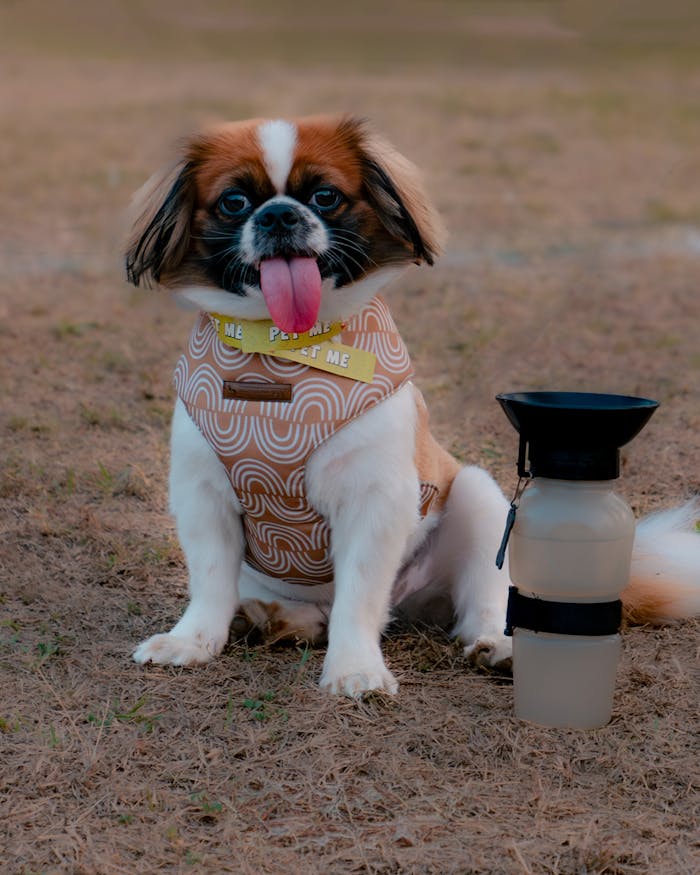 services-01 Small dog with harness and water bottle sitting outdoors, perfect for pet lovers.