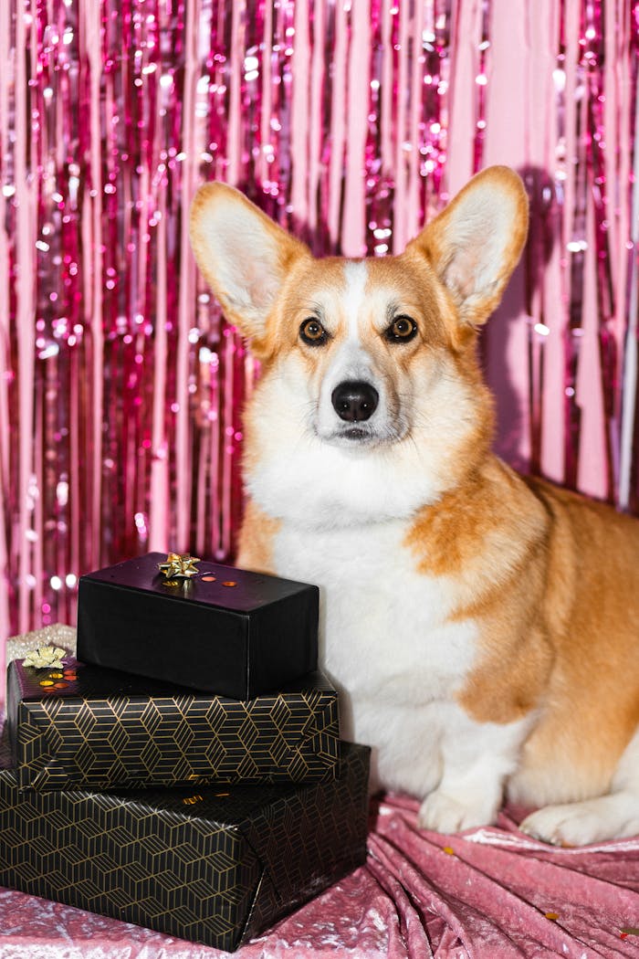 services-02 Adorable corgi with presents in a vibrant pink party setting. Perfect for festive occasions.